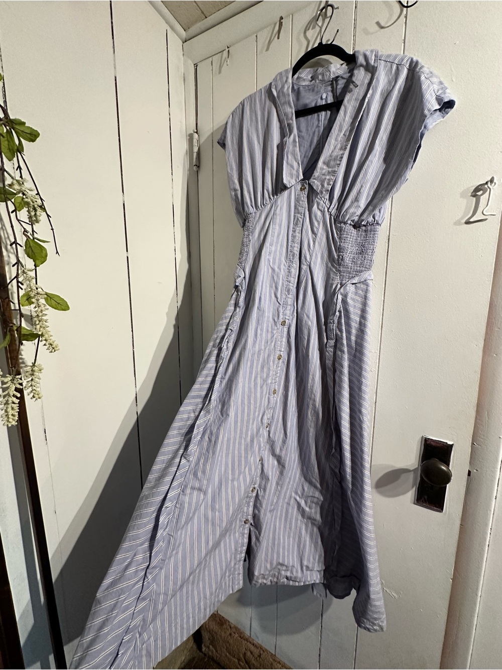ANTHROPOLOGIE Light Blue Striped Women's Button-Front MIDI Dress